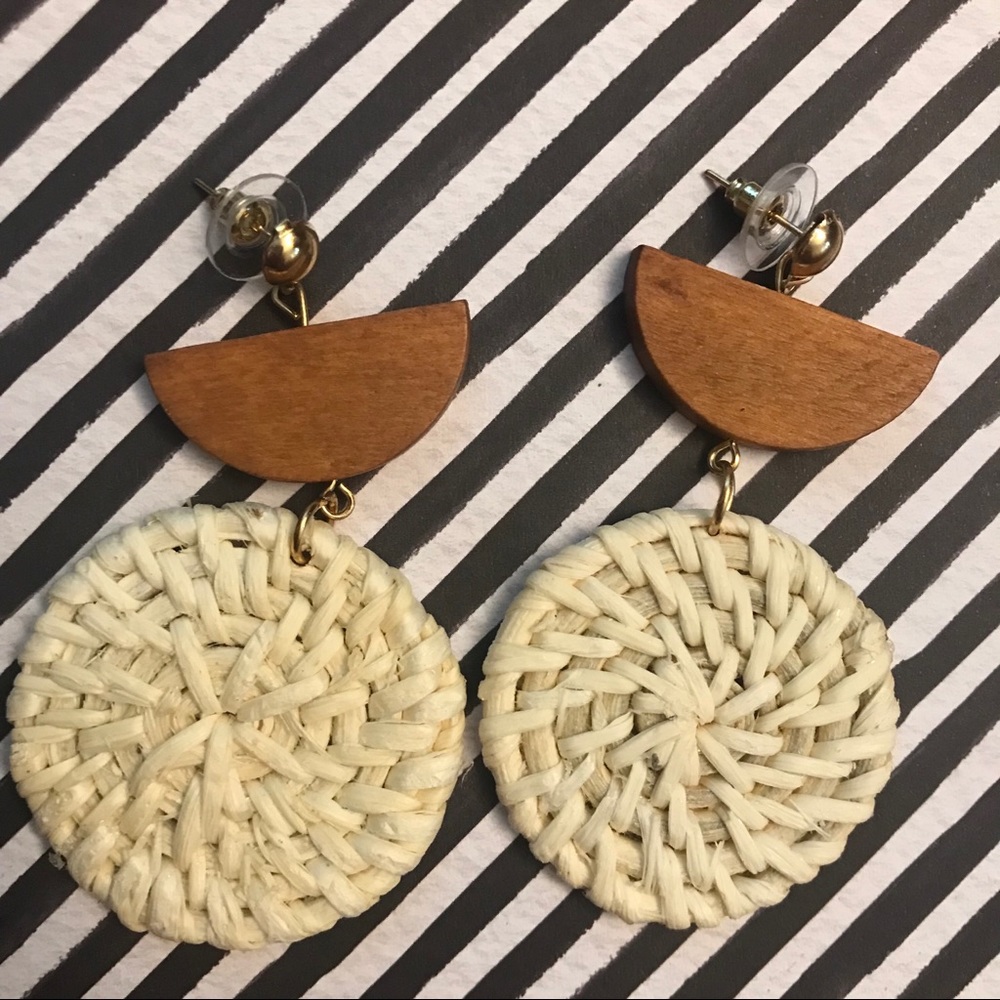 NWOT Boho Rattan Wicker & Wooden Woven Earrings